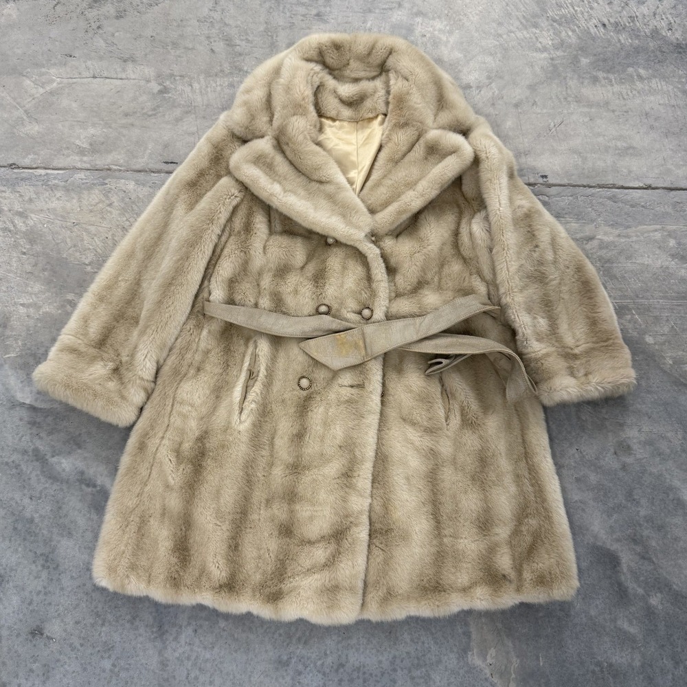 Vintage union made Faux Fur Mink Coat Belted Collar Double Breasted Cream - Picture 1 of 10